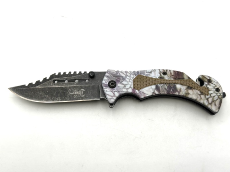 Photo 1 of MULTI PRINTED DESIGN STINGER KNIVES POCKET KNIFE WITH WINDOW BREAKER AND SEAT BELT CUTTER NEW