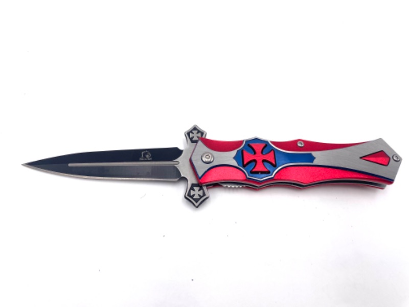 Photo 1 of RED BLUE SILVER WITH CELTIC CROSS POCKET KNIFE NEW 