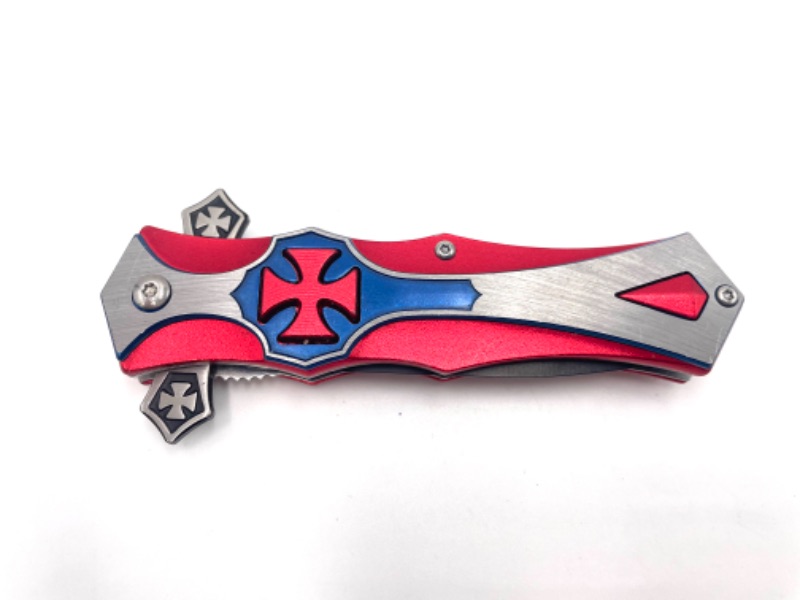 Photo 2 of RED BLUE SILVER WITH CELTIC CROSS POCKET KNIFE NEW 