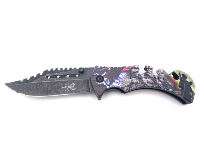 Photo 1 of STINGER SOLDIER WITH AMERICAN FLAG POCKET KNIFE WITH WINDOW BREAKER AND SEATBELT CUTTER NEW 