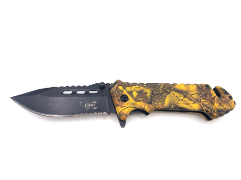 Photo 1 of YELLOW LEAF CAMO POCKET KNIFE WITH WINDOW BREAKER AND SEATBELT CUTTER WITH CLIP  NEW 