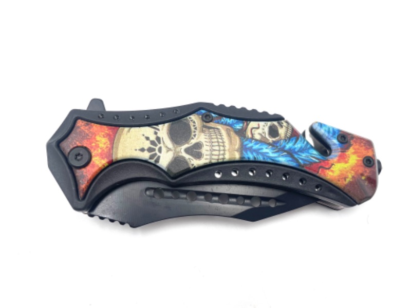 Photo 2 of DOUBLE SKULL FIRE AND FEATHERS WITH SEATBELT CUTTER POCKET KNIFE NEW 