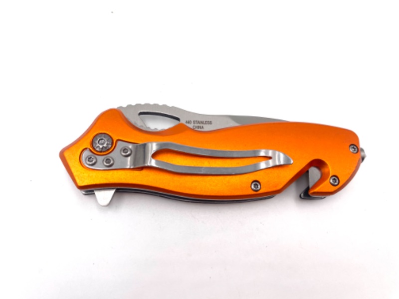 Photo 3 of ORANGE MECHANICAL DESIGN POCKET KNIFE WITH SEATBELT CUTTER AND CLIP NEW 