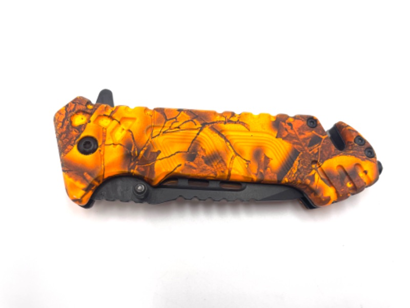 Photo 2 of ORANGE BLACK CAMO POCKET KNIFE WITH SEATBELT CUTTER NEW 