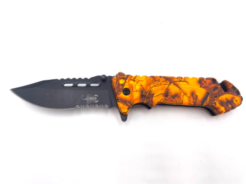 Photo 1 of ORANGE BLACK CAMO POCKET KNIFE WITH SEATBELT CUTTER NEW 