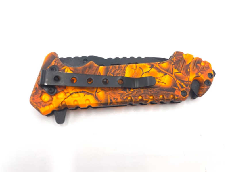 Photo 3 of ORANGE BLACK CAMO POCKET KNIFE WITH SEATBELT CUTTER NEW 