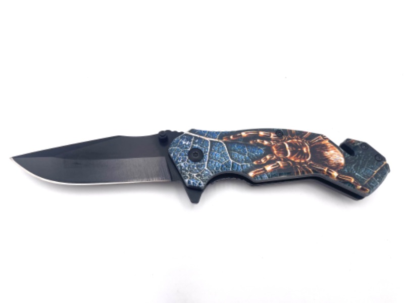 Photo 1 of BLUE WEB WITH BROWN TARANTULA POCKET KNIFE WITH WINDOW BREAKER AND SEATBELT CUTTER NEW 