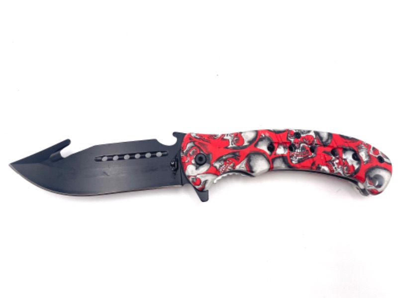 Photo 1 of RED SKULL WITH DESIGN POCKET KNIFE AND GUTTER HOOK WITH SEATBELT CUTTER AND CLIP NEW 