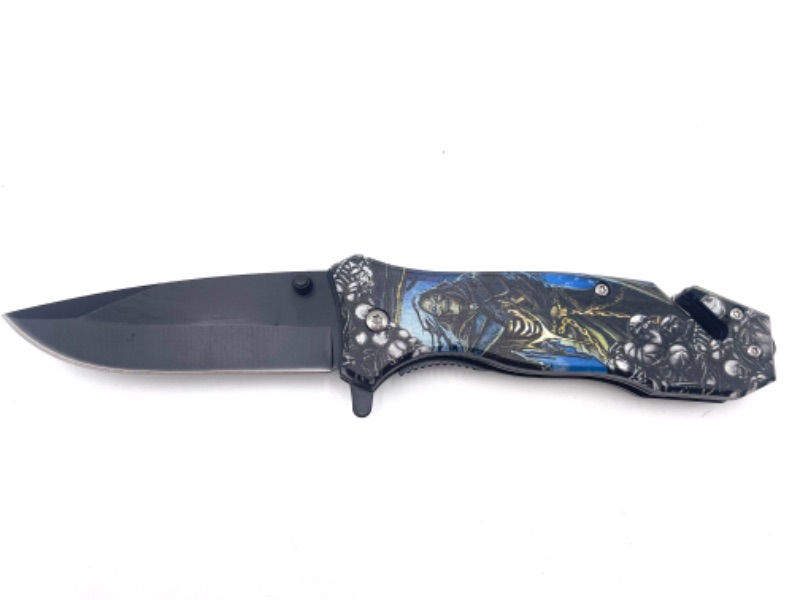 Photo 1 of GRIMM REAPER WITH BLUE BACKGROUND AND SKULLS POCKET KNIFE NEW 