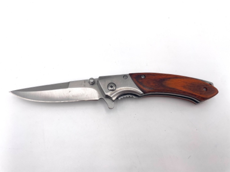 Photo 1 of SILVER AND WOOD PRINT HANDLE POCKET KNIFE WITH CLIP  NEW 