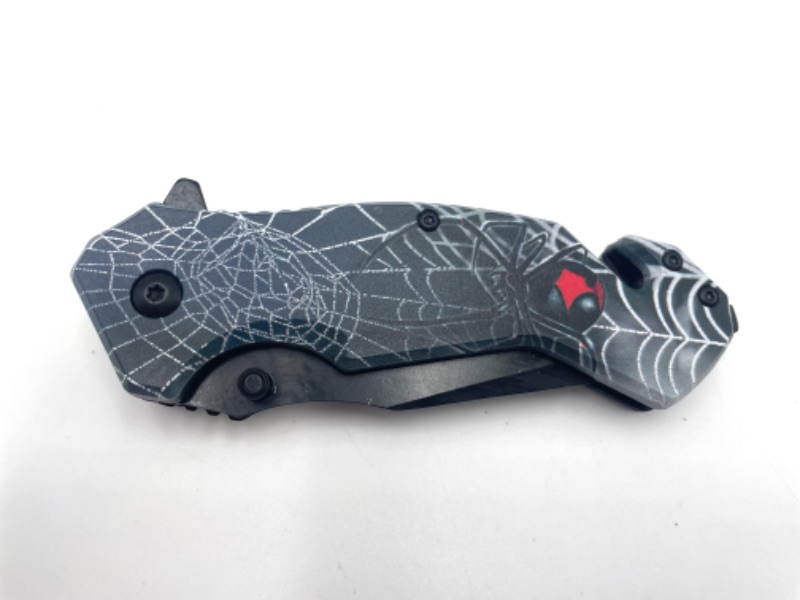 Photo 1 of BLACK RED SPIDER WITH BLACK BACKGROUND AND WHITE WEBS POCKET KNIFE WITH CLIP NEW 