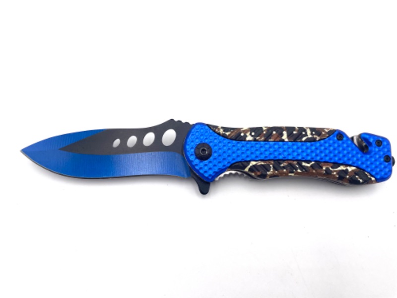 Photo 1 of BLACK BLUE WITH CAMO PRINT DESIGN POCKET KNIFE WINDOW BREAKER AND SEATBELT CUTTER NEW 