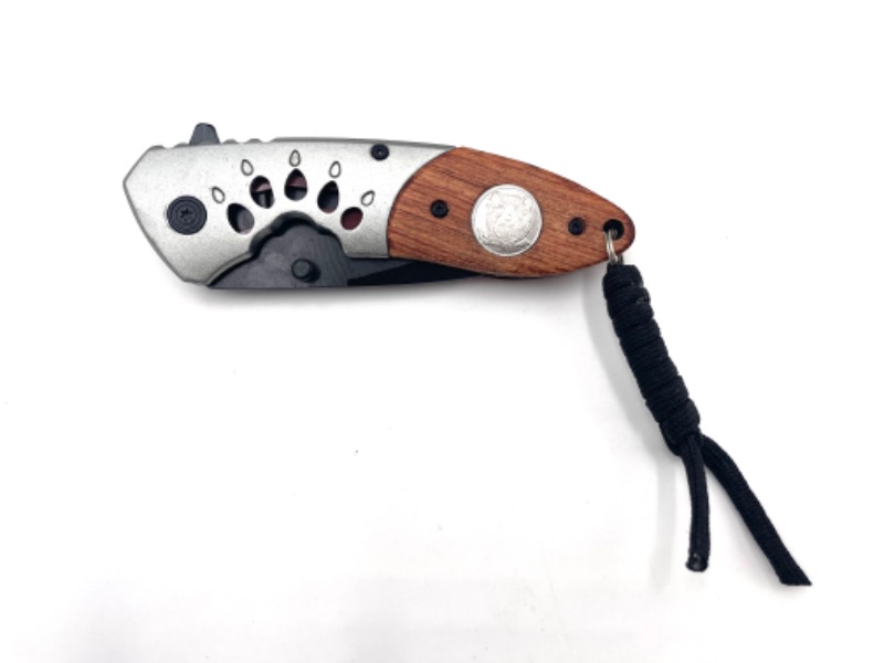 Photo 1 of BEAR IMPRINT 4.5 INCH WOOD CLIP POCKET KNIFE NEW 