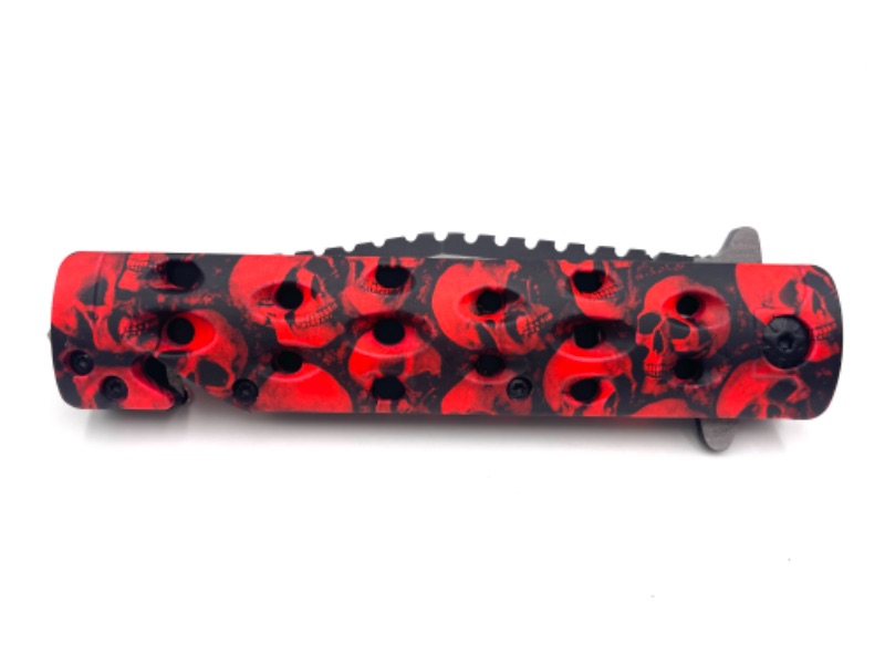Photo 2 of RED BLACK SKULL POCKET KNIFE WITH SEATBELT CUTTER NEW 