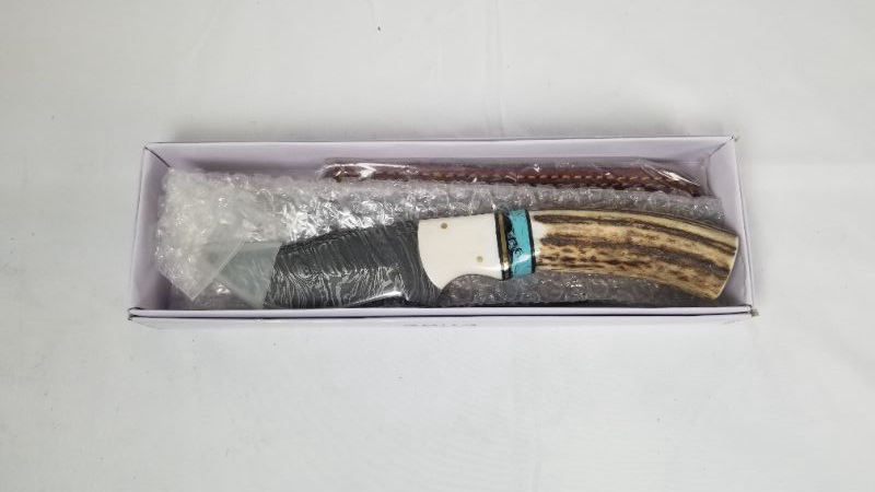 Photo 2 of 8.5 INCH STAG TURQUOISE DAMASCUS KNIFE NEW 