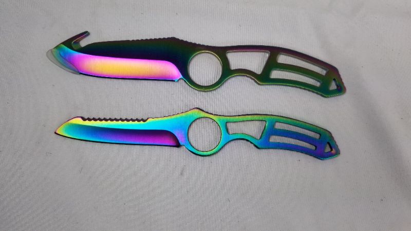 Photo 1 of 2 PACK OIL SLICK THROWING KNIVES 1 WITH GUT HOOK OTHE HAS SAW TEETH NEW