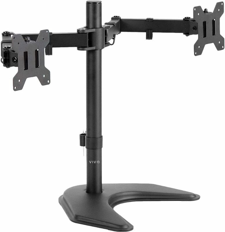 Photo 1 of VIVO STAND-V002F Dual LED LCD Monitor Free-Standing Desk Stand for 2 Screens up to 27 Inch Heavy-Duty Fully Adjustable Arms with Max VESA 100x100mm