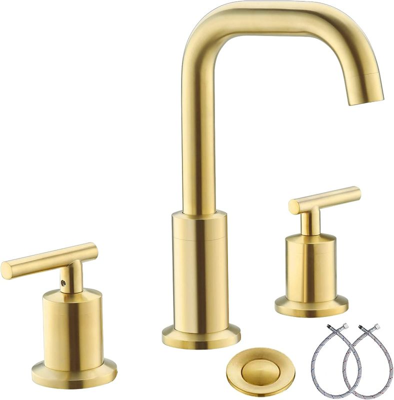 Photo 1 of 2 Handles 8 Inch Widespread Bathroom Faucets, Brushed Gold Bathroom Sink Faucet with Valve and Metal Pop-Up Drain by phiestina, WF02-1-BG
