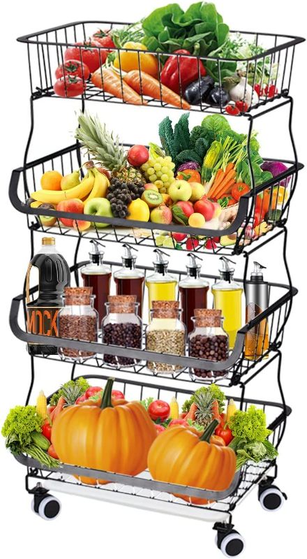 Photo 1 of Buruis 4 Tier Stackable Storage Baskets, Metal Wire Fruit Vegetable Basket Organizer Bins with Casters, Adjustable Anti-Skid Feet, Plastic Tray, Utility Rack for Kitchen, Pantry, Bathroom (Black)