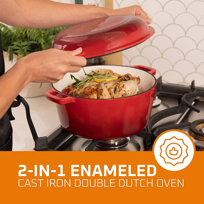 Photo 3 of  Bruntmor 2-in-1, 5 Quart Enamel Cast Iron Dutch Ovens With Handles, 5 Qt Red Cast Iron Skillet, Enameled All-in-One Cookware Braising Pan For Casserole Dish, Crock Pot Covered With Cast Iron