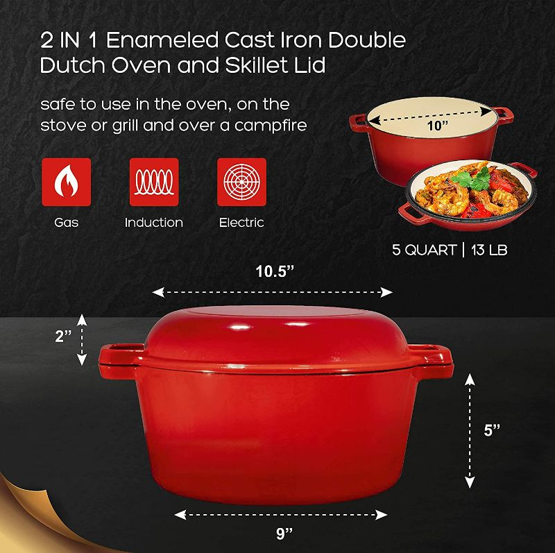 Photo 2 of  Bruntmor 2-in-1, 5 Quart Enamel Cast Iron Dutch Ovens With Handles, 5 Qt Red Cast Iron Skillet, Enameled All-in-One Cookware Braising Pan For Casserole Dish, Crock Pot Covered With Cast Iron