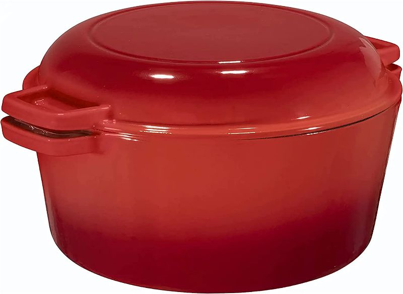 Photo 1 of  Bruntmor 2-in-1, 5 Quart Enamel Cast Iron Dutch Ovens With Handles, 5 Qt Red Cast Iron Skillet, Enameled All-in-One Cookware Braising Pan For Casserole Dish, Crock Pot Covered With Cast Iron