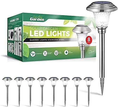 Photo 1 of Signature Garden Solar Garden Lights - Auto On/Off Outdoor Bright Solar Pathway Lights - All-Weather/Waterproof Outdoor Solar Lights for Yard, Garden, or Driveway (8-Pack, Stainless Steel Silver)