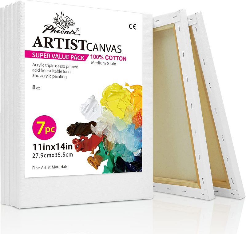 Photo 1 of PHOENIX Stretched Canvas for Painting 11x14 Inch/7 Value Pack, 8 Oz Triple Primed 5/8 Inch Profile 100% Cotton White Blank Canvas, Artist Framed Canvas for Oil Acrylic & Pouring Art