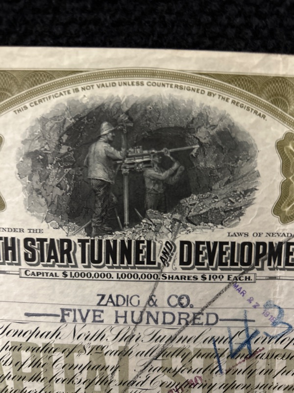 Photo 2 of Tonopah Nevada North Star Tunnel 1915 Stock certificate 