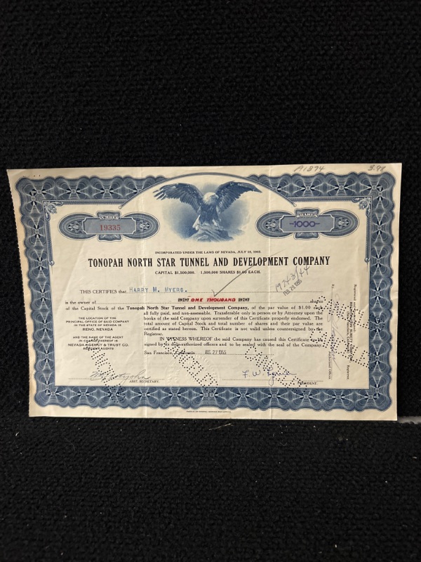 Photo 1 of Tonopah Nevada North Star Tunnel 1955 Stock certificate 