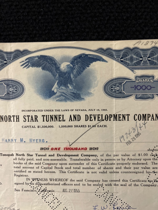 Photo 2 of Tonopah Nevada North Star Tunnel 1955 Stock certificate 