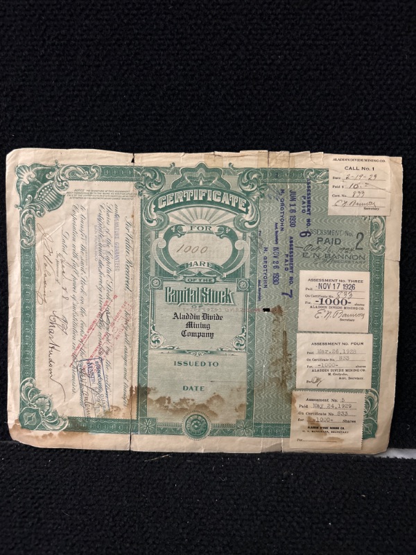 Photo 2 of Aladdin divide mining company Tonopah Nevada 1921 Stock certificate has stain and tear