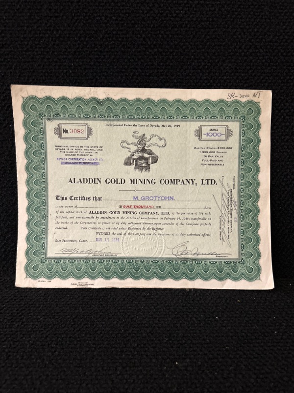 Photo 1 of Aladdin Gold mining Nevada 1939 Stock certificate 