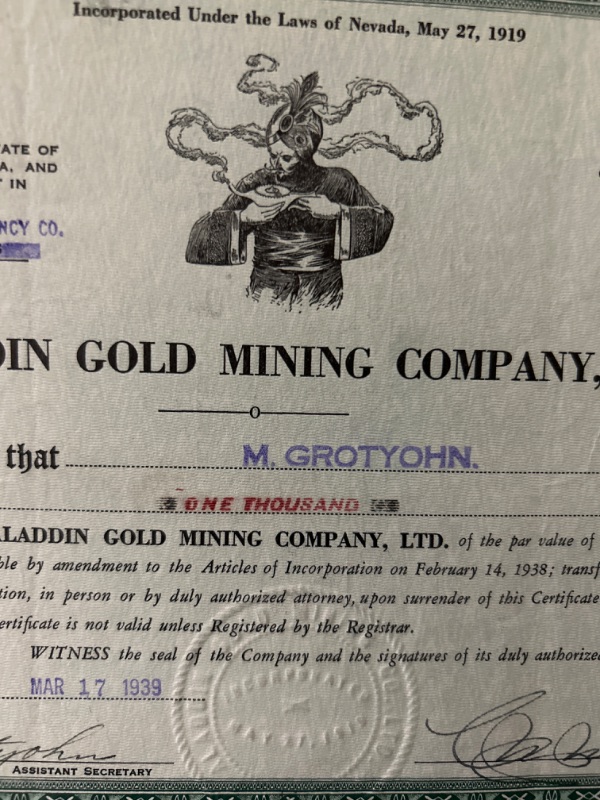 Photo 2 of Aladdin Gold mining Nevada 1939 Stock certificate 