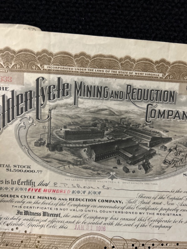 Photo 2 of Golden Cycle mining  Stock certificate Maine 1916 with stamped receipt 