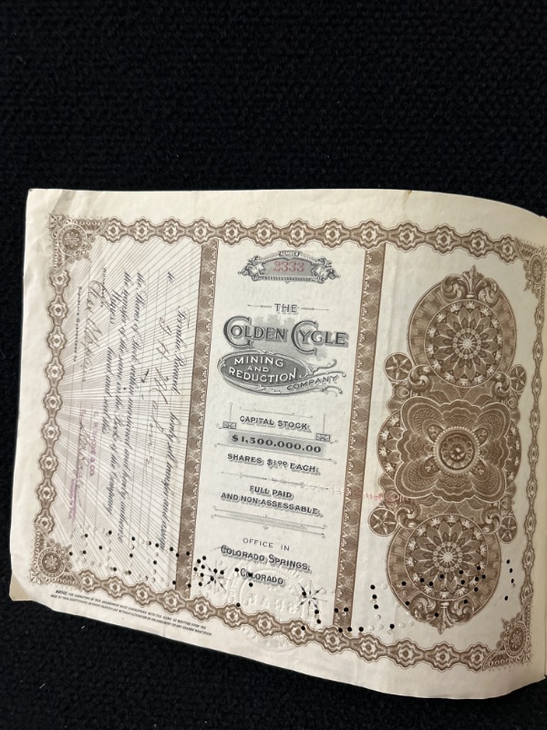 Photo 3 of Golden Cycle mining  Stock certificate Maine 1916 with stamped receipt 