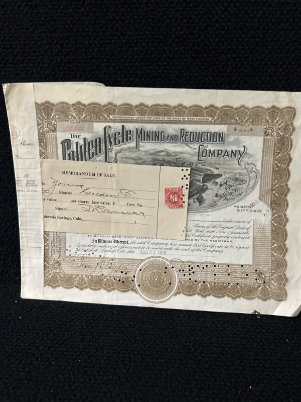 Photo 1 of Golden Cycle mining  Stock certificate Maine 1916 with stamped receipt 