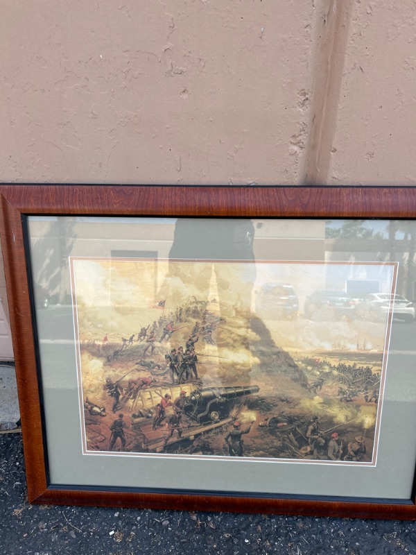 Photo 1 of Large framed and matted print of civil war battle measures appx 32 x 25 inches has small chip in frame