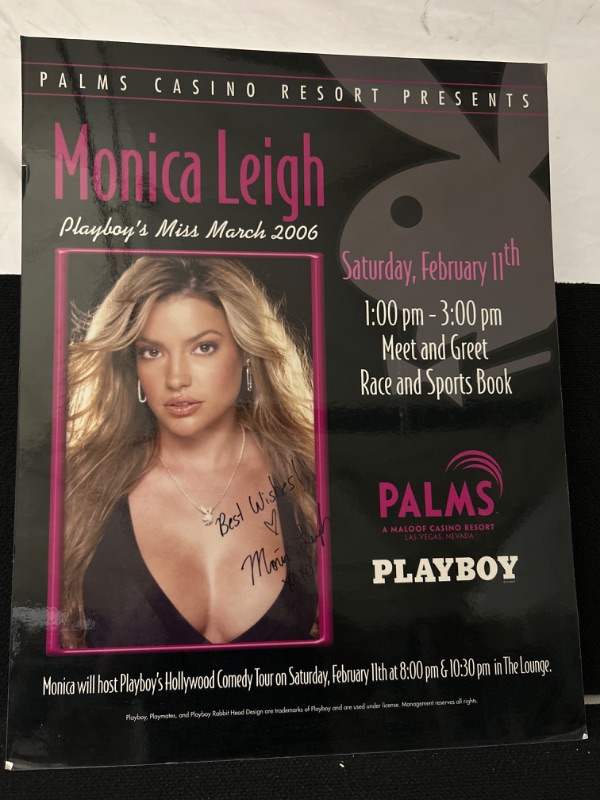 Photo 1 of Large signed Monica Leigh Playmate double sided sign from Palms casino measures appx 28 x 22 inches 