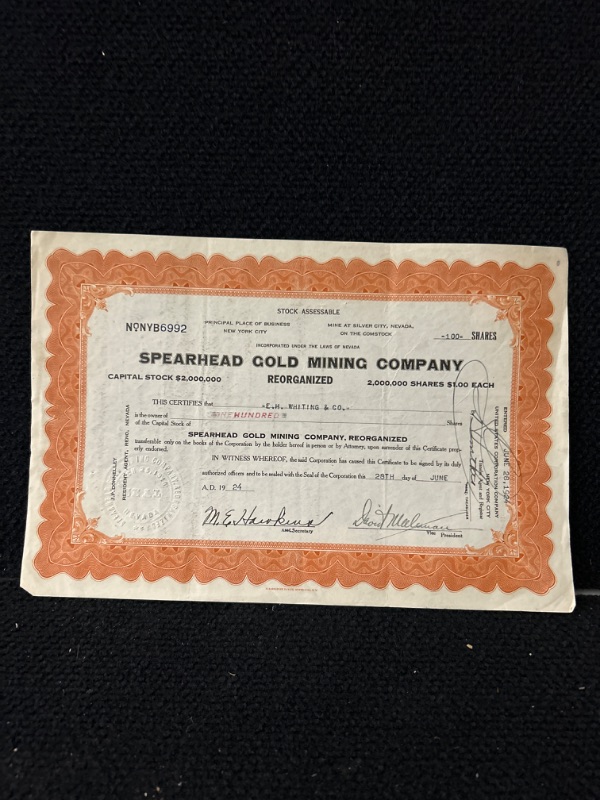 Photo 1 of Spearhead gold mining company stock certificate 1924 Silver City Nevada 