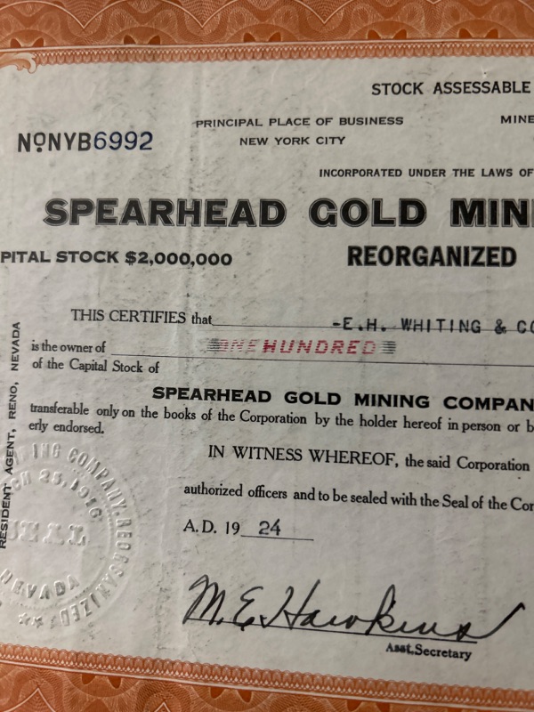Photo 2 of Spearhead gold mining company stock certificate 1924 Silver City Nevada 