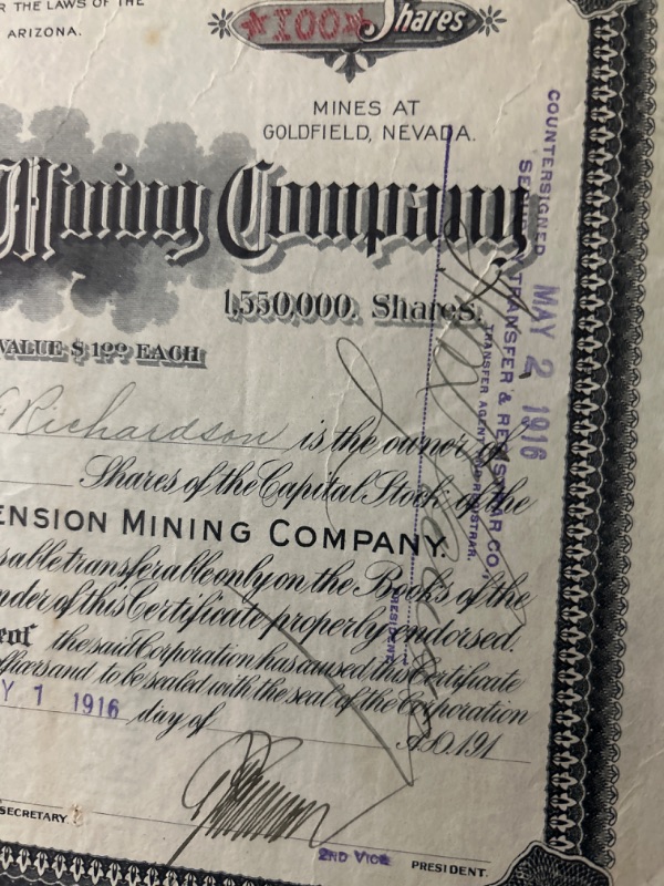 Photo 2 of Jumbo Extension  mining company stock certificate 1916 goldfield  Nevada torn corner 