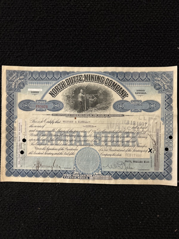 Photo 1 of North Butte mining company Blue stock certificate 1937 Montana 