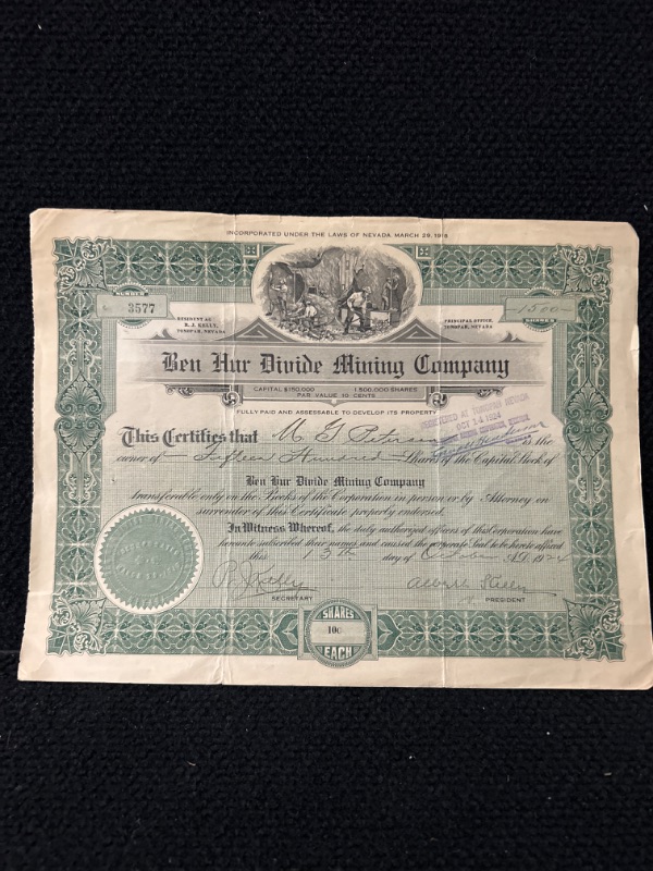 Photo 1 of Ben Hur divide mining company stock certificate 1924 Tonopah Nevada