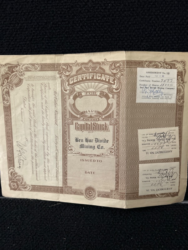 Photo 3 of Ben Hur divide mining company stock certificate 1924 Tonopah Nevada
