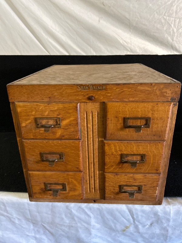 Photo 1 of Antique small Shaw Walker oak file cabinet measures 16 x 14 and 919 inches deep