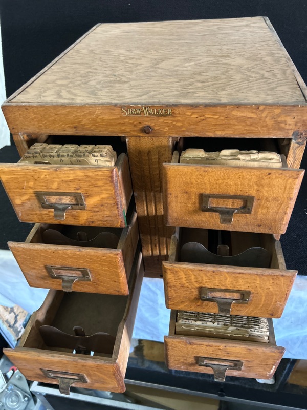 Photo 2 of Antique small Shaw Walker oak file cabinet measures 16 x 14 and 919 inches deep