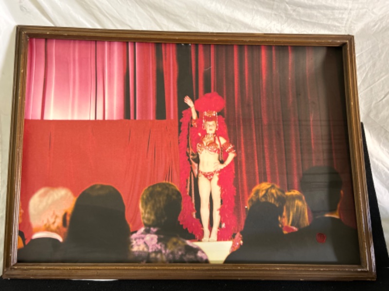 Photo 1 of Very unique Showgirl print on canvas with wax  seal mounted on frame measures appx 41 x 21 poorly mounted has scratches and dings 