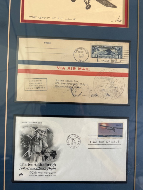 Photo 3 of Framed and matted Spirit of St Louis 1st day covers 1927 and 1977 with signed pencil drawing of plane in Oak frame