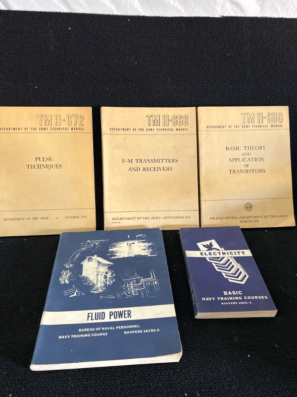 Photo 1 of Lot of 5 vintage 1950's Army Navy manuals FM transmitters transistors pulse and fluid power